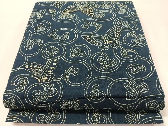 平和屋着物●全通柄 京袋帯 藍 型染め 舞蝶唐草文 綿 逸品 CABL6207vp
