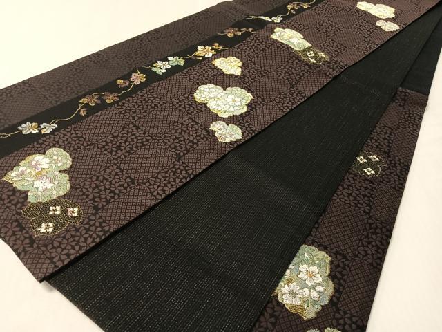 平和屋着物▽両面 六通柄袋帯 スリーシーズン 春夏秋 唐織 市松蔦の葉文 黒地 金糸 やまと誂製 正絹 逸品 CABL6226vp