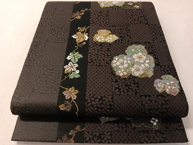 平和屋着物▽両面 六通柄袋帯 スリーシーズン 春夏秋 唐織 市松蔦の葉文 黒地 金糸 やまと誂製 正絹 逸品 CABL6226vp