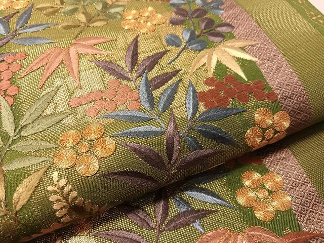 平和屋着物●西陣 京の名門 じゅらく謹製 六通柄袋帯 駒刺繍 葡萄笹花間道 金糸 正絹 逸品 未使用 CABL6246vp