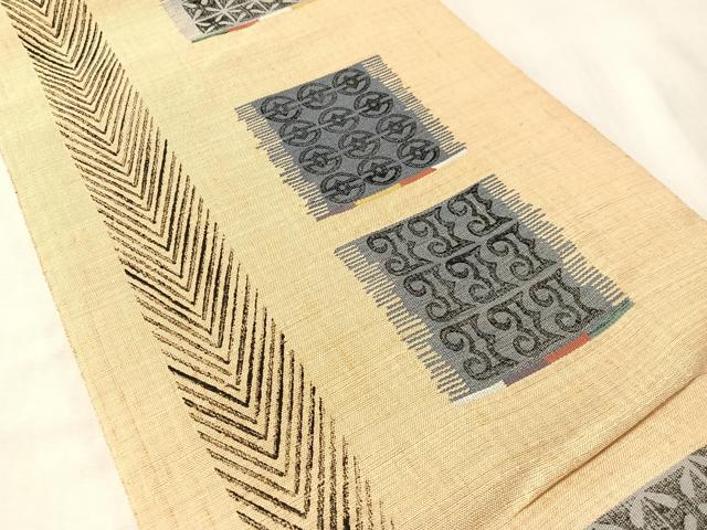 平和屋着物●両面 六通柄袋帯 紬地 幾何学間道 正絹 逸品 未使用 CABL6272vp