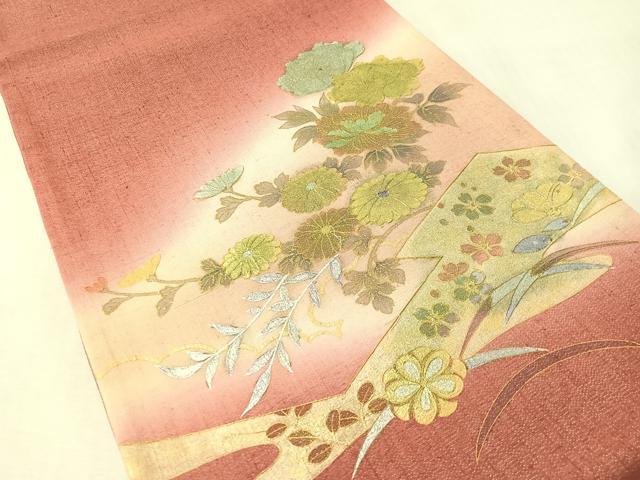 平和屋着物●太鼓柄袋帯 紬地 松皮菱花文 金彩 銀通し地 正絹 逸品 CABL6277vp