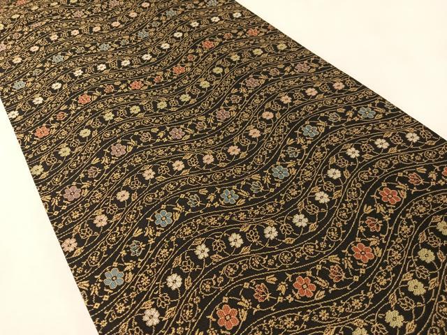 平和屋着物●全通柄袋帯 紹巴 よろけ縞花文 黒地 正絹 逸品 未使用 CABL6281vp
