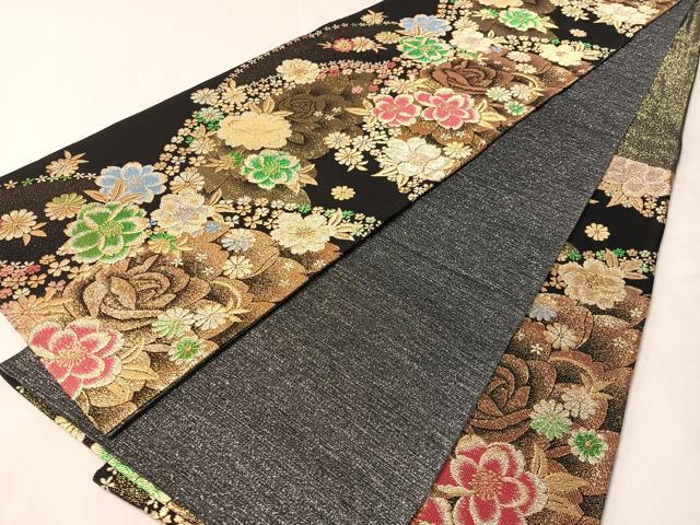 平和屋着物●六通柄袋帯 舞花文 黒地 金銀糸 正絹 逸品 CABL6285vp