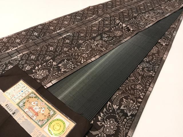 平和屋着物●両面 全通柄袋帯 本場縞大島紬地 福永織物謹製 花唐草間道 銀彩 証紙付き 正絹 逸品 未使用 CABL6296vp