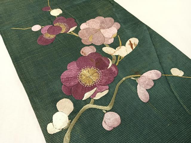 平和屋着物▼アンティーク 大正ロマン 九寸開き名古屋帯 総手刺繍 枝梅文 金糸 正絹 逸品 CABL6307vp