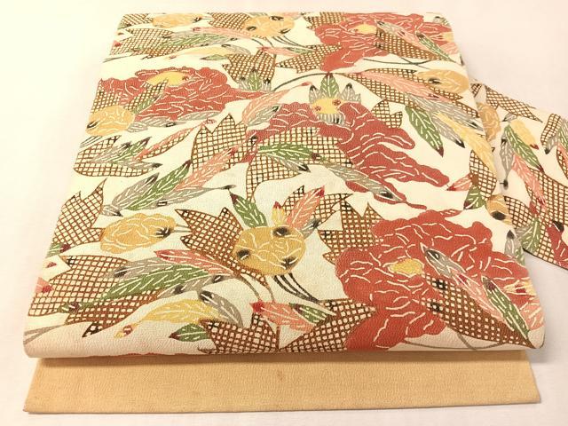 平和屋着物●九寸名古屋帯 型染め 草花文 正絹 逸品 CABL6314vp