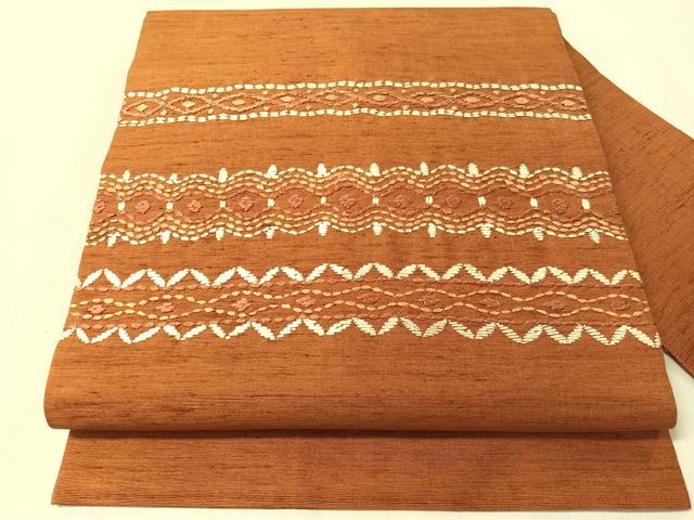 平和屋着物●九寸名古屋帯 紬地 総刺繍 刺し子 横段花文 正絹 逸品 CABL6333vp