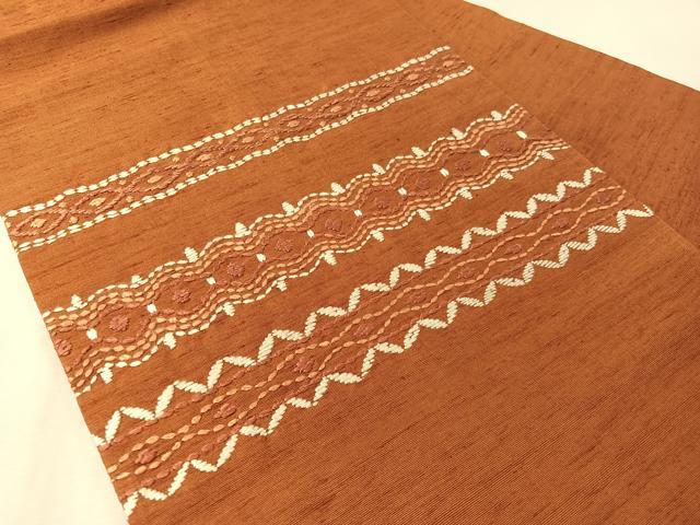 平和屋着物●九寸名古屋帯 紬地 総刺繍 刺し子 横段花文 正絹 逸品 CABL6333vp