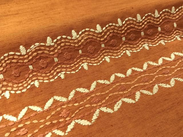 平和屋着物●九寸名古屋帯 紬地 総刺繍 刺し子 横段花文 正絹 逸品 CABL6333vp