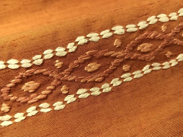 平和屋着物●九寸名古屋帯 紬地 総刺繍 刺し子 横段花文 正絹 逸品 CABL6333vp