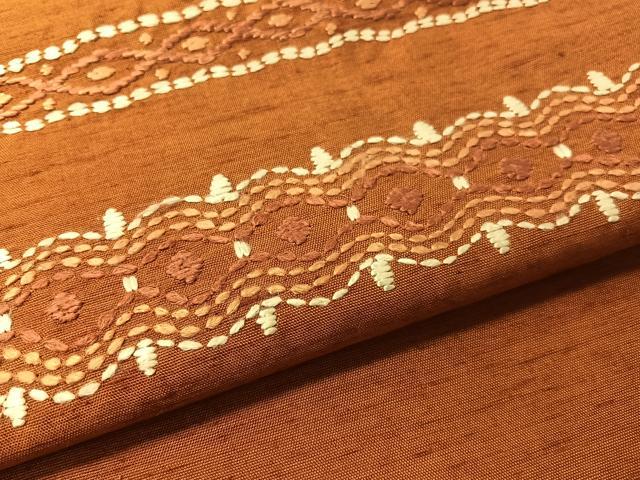 平和屋着物●九寸名古屋帯 紬地 総刺繍 刺し子 横段花文 正絹 逸品 CABL6333vp