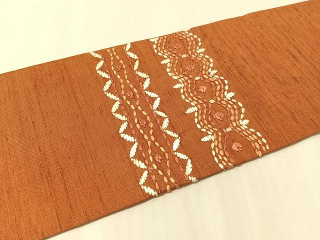 平和屋着物●九寸名古屋帯 紬地 総刺繍 刺し子 横段花文 正絹 逸品 CABL6333vp