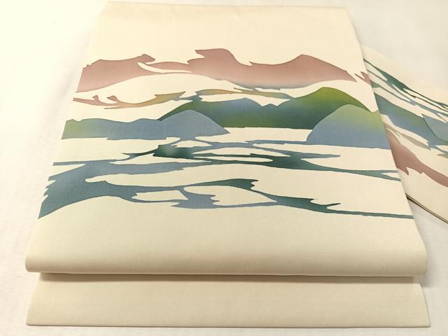 平和屋着物●塩瀬 九寸名古屋帯 ろうけつ染 風景シルエット 正絹 逸品 CABL6359vp