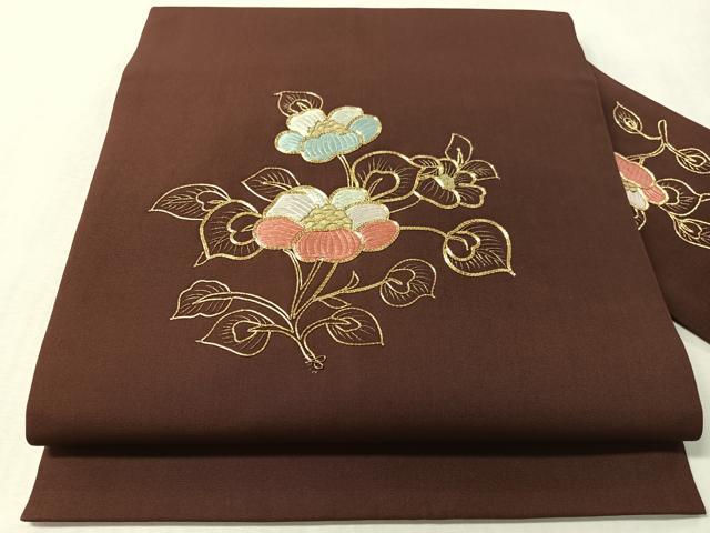 平和屋着物●塩瀬 九寸名古屋帯 総刺繍 駒刺繍 草花文 金糸 正絹 逸品 CABL6364vp
