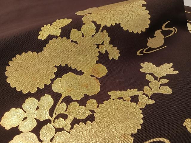 平和屋着物●塩瀬 九寸名古屋帯 流水鴛鴦菊文 金彩 正絹 逸品 CABL6367vp
