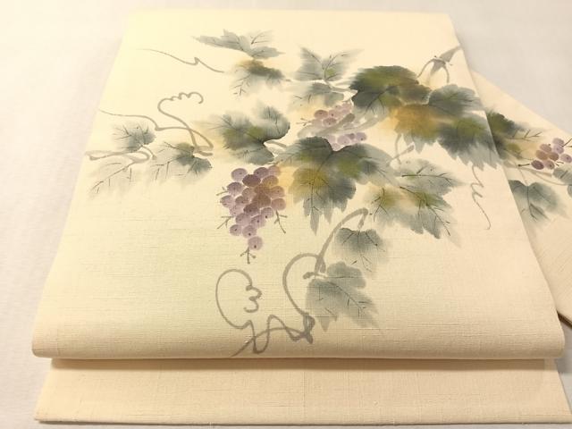 平和屋着物●九寸名古屋帯 作家物 手描き 紬地 葡萄蔦の葉文 金彩 やまと誂製 正絹 逸品 CABL6383vp