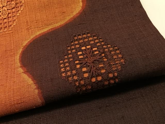 平和屋着物●九寸名古屋帯 生紬 ドロンワーク よろけ縞菱花文 逸品 CABL6384vp