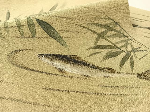 平和屋着物●九寸名古屋帯 手描き 鮎 利休茶色 鬼しぼ縮緬 正絹 逸品 CABL6385vp