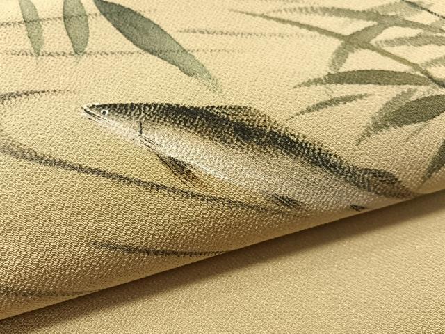 平和屋着物●九寸名古屋帯 手描き 鮎 利休茶色 鬼しぼ縮緬 正絹 逸品 CABL6385vp