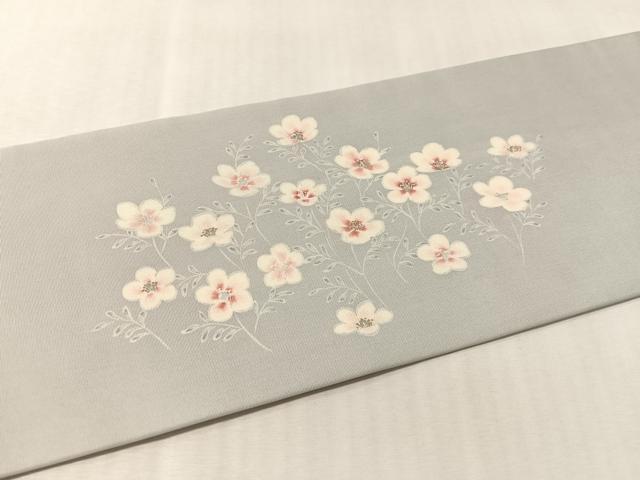 平和屋着物●塩瀬 九寸名古屋帯 草花文 銀彩 正絹 逸品 CABL6393vp