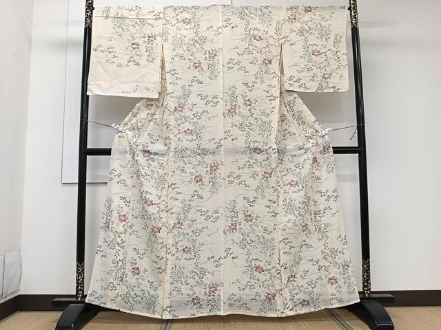 平和屋着物*夏物 小紋 駒絽 手描き 草花文 五泉 反端付き 正絹 逸品 CABL6871xi