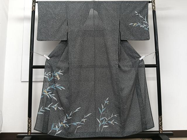 平和屋着物*夏物 小紋 山野愛子 絽 南天文 たたき染め 黒地 銀彩 洗える着物 CABL6895xi