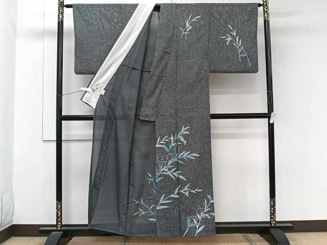 平和屋着物*夏物 小紋 山野愛子 絽 南天文 たたき染め 黒地 銀彩 洗える着物 CABL6895xi