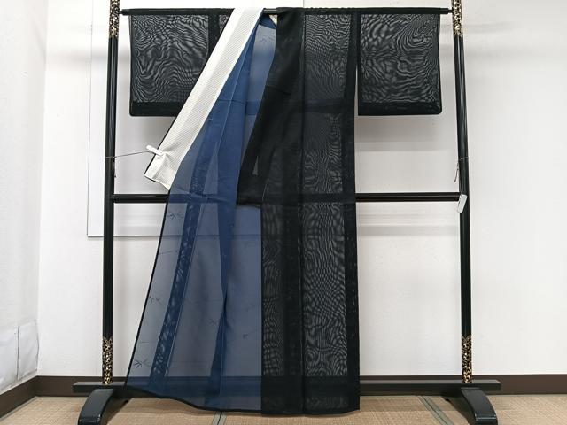 平和屋着物*夏物 小紋 紗 枝笹文 黒地 正絹 逸品 CABL6904xi