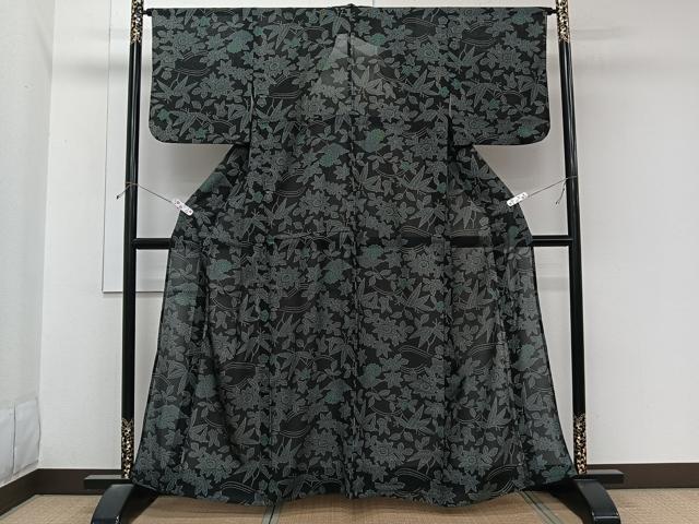 平和屋着物*夏物 小紋 紗 草花文 黒地 洗える着物 CABL6972xi