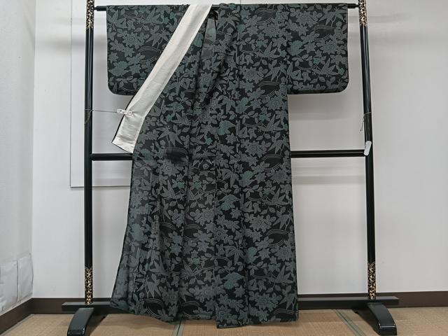 平和屋着物*夏物 小紋 紗 草花文 黒地 洗える着物 CABL6972xi