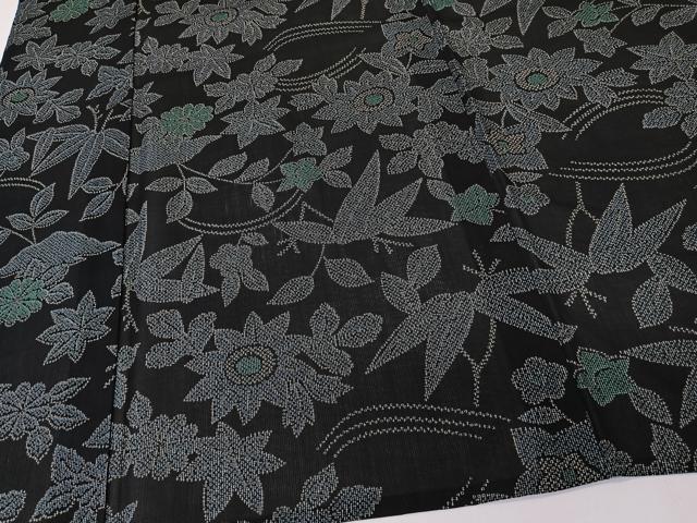平和屋着物*夏物 小紋 紗 草花文 黒地 洗える着物 CABL6972xi