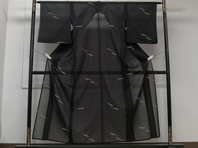 平和屋着物*夏物 紗紬 魚 黒地 正絹 逸品 CABL7002xi