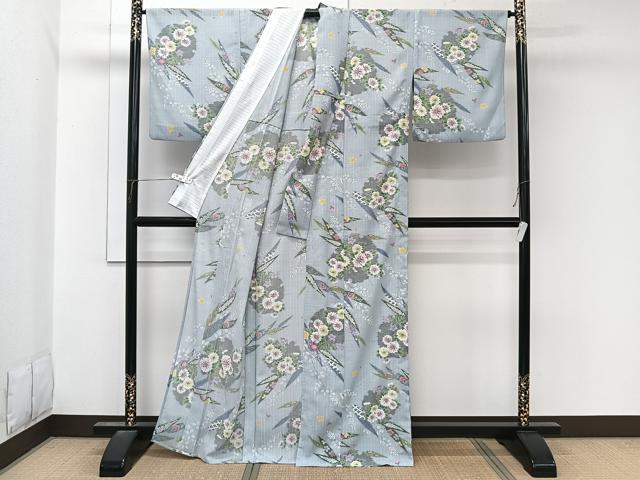 平和屋着物*夏物 小紋 紗 雪輪草花文 洗える着物 CABL7016xi