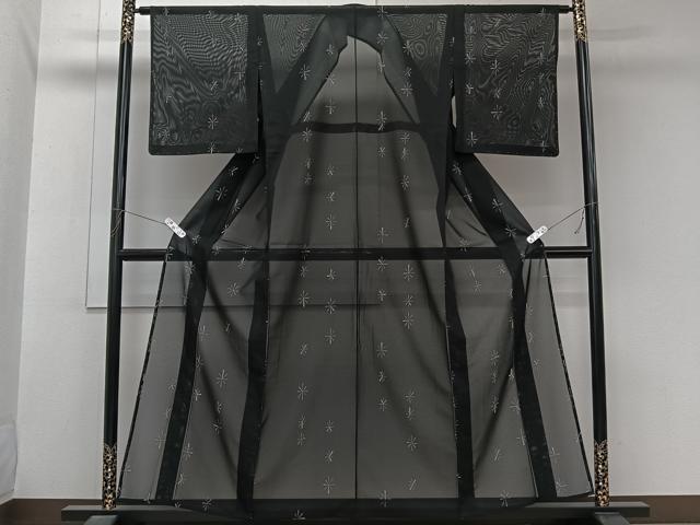 平和屋着物*夏物 小紋 絽 舞花文 黒地 洗える着物 未使用 CABL7020xi