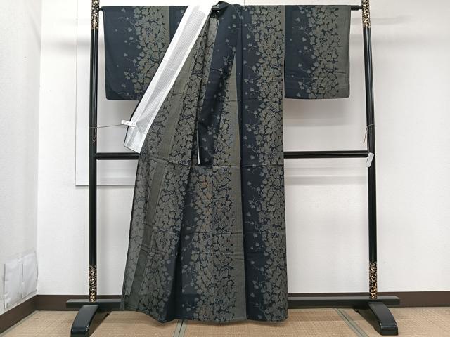 平和屋着物*夏物 小紋 紗 蔦の葉文 黒地 洗える着物 CABL7034xi