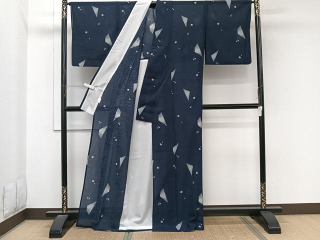 平和屋着物*夏物 小紋 紗 幾何学花文 洗える着物 CABL7083xi