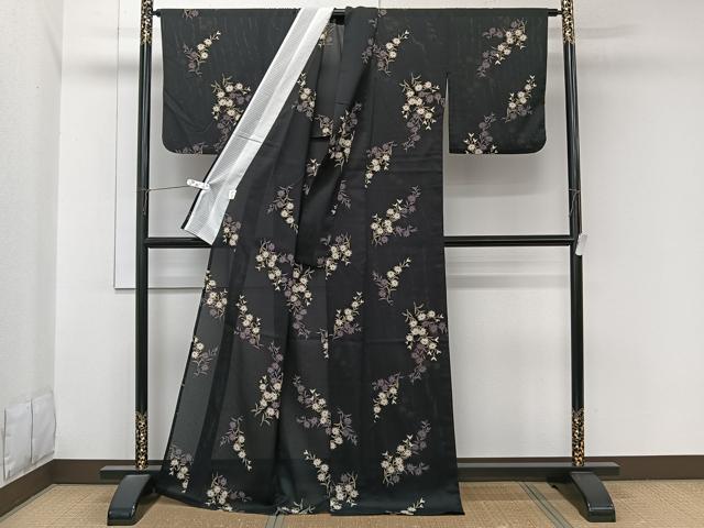 平和屋着物*夏物 小紋 絽 枝草花文 黒地 洗える着物 CABL7125xi