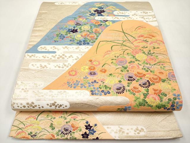 平和屋本店▼六通柄袋帯 唐織 霞遠山草花文 九百錦純金箔24K 正絹 逸品 CABL7606tx