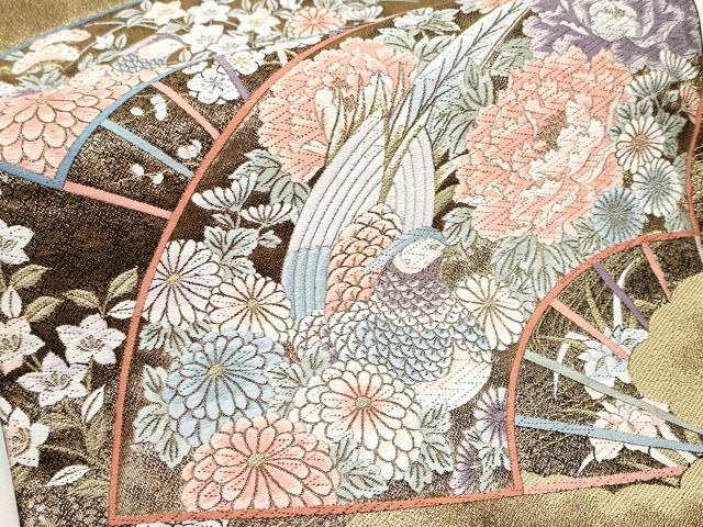 平和屋本店▼六通柄袋帯 唐織 扇面花鳥文 本金箔九百錦 黒地 正絹 逸品 CABL7608tx