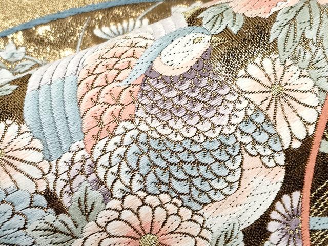 平和屋本店▼六通柄袋帯 唐織 扇面花鳥文 本金箔九百錦 黒地 正絹 逸品 CABL7608tx