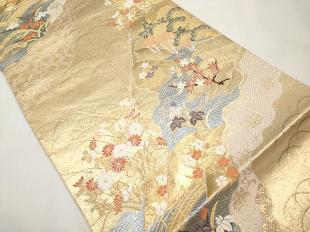 平和屋本店▼六通柄袋帯 唐織 絵巻道長文 純金二重箔 正絹 逸品 CABL7609tx