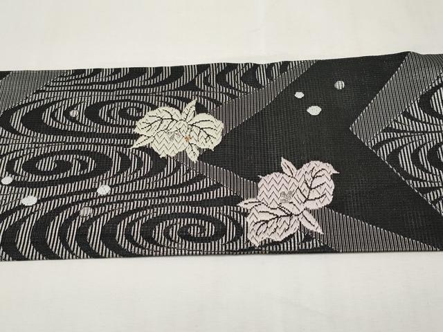 平和屋着物*夏物 九寸名古屋帯 唐織 舞花文 黒地 銀糸 正絹 逸品 CABL7691tx