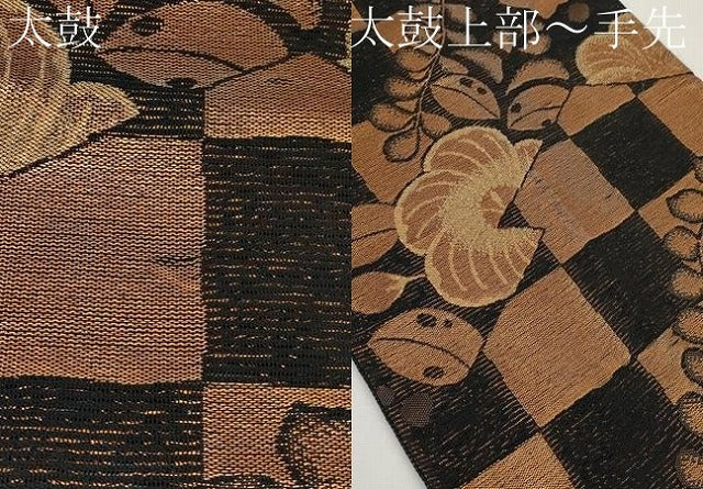 平和屋着物*夏物 六通柄 京袋帯 市松舞花文 黒地 金糸 CABL7726tx