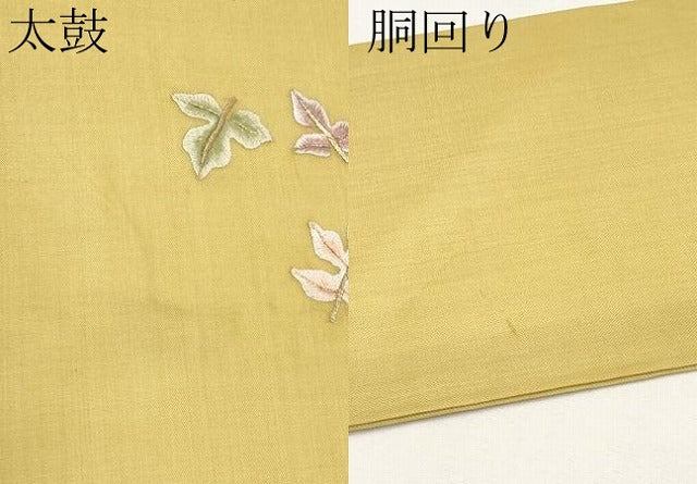 平和屋着物*夏物 九寸名古屋帯 総刺繍 舞葉文 玉蜀黍色 金糸 正絹 逸品 CABL7745tx