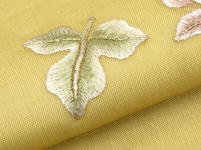 平和屋着物*夏物 九寸名古屋帯 総刺繍 舞葉文 玉蜀黍色 金糸 正絹 逸品 CABL7745tx