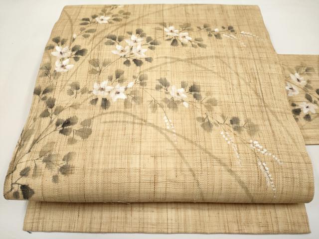平和屋着物*夏物 九寸名古屋帯 手描き 枝花文 麻 逸品 CABL7787tx