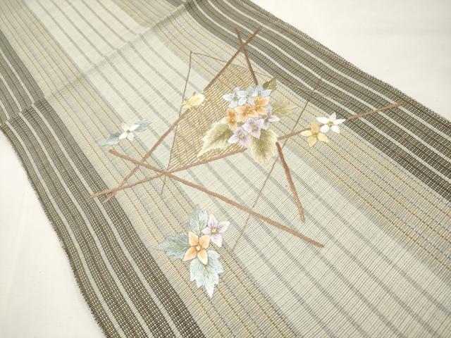 平和屋着物*夏物 八寸名古屋帯 総刺繍 草花文 金糸 正絹 逸品 未使用 CABL7812tx