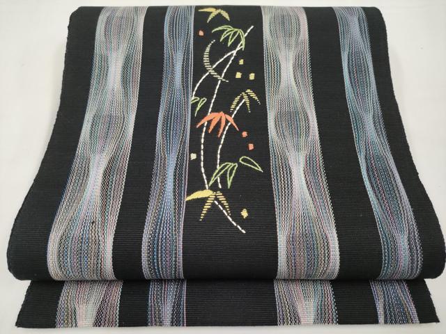 平和屋着物*夏物 八寸名古屋帯 刺繍 笹竹文 黒地 正絹 逸品 CABL7816tx