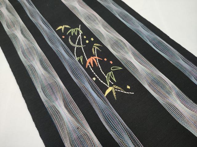平和屋着物*夏物 八寸名古屋帯 刺繍 笹竹文 黒地 正絹 逸品 CABL7816tx